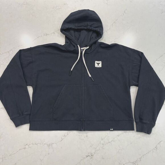 Under armour Tops - Under Armour‎ Project Rock Crop Cropped Hoodie Womens Medium Black Full Zip